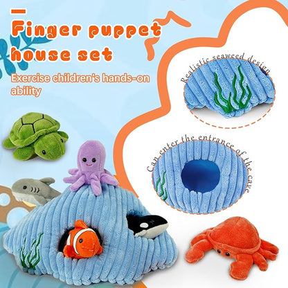 6pcs sea Finger Puppets with a Shell House, Novelty Animals Toys Puppet for Kids, Storytelling Role-Playing Plush Finger Puppets Gifts for Boys and Girls