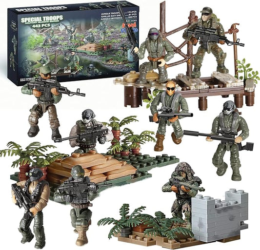 Special Forces US Military Mini Action Figures 3 Army Building Sets 9 soldiers Jungle Troopers Ghillie Suit Sniper Jungle Defence Squad Special Troops Toy10+ Kids & Parents Quality Family Time 443 Pcs