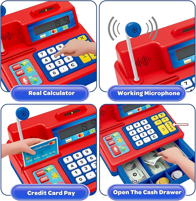 Calculator Cash Register Toy Gift for Kids Age 3, 4, 5, 6, 7, 8+ Year Old, 120 Pcs Grocery Store Playset with Microphone, Grocery Boxes, Credit Card, Red Play Cash Register for Toddlers Kids 4-8