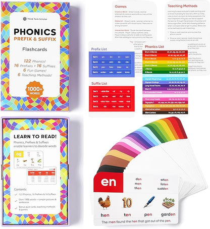 Think Tank Scholar 1000+ Words Phonics Flash Cards + Prefixes & Suffixes (Award Winning) 122 Phonics, 6 Teaching Methods & 6 Fun Games – Preschool, Kindergarten 1st, 2nd, 3rd Grade Homeschool Ages 4-8
