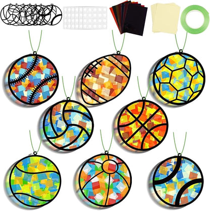 32 Sets Sports Ball Suncatchers Craft Kit DIY Window Stained Glass Effect Football Baseball Basketball Paper Craft Home School Classroom Decoration Kid Birthday Gift Creative Art Project Activity Game
