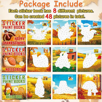 6PCS Thanksgiving Paint by Sticker Books Crafts for Kids Ages 4-8 Fall Activity Books with Turkey Pumpkin 48 Pictures