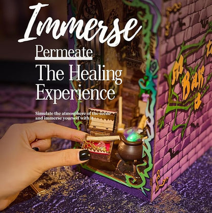 [2025 New] Mystic Theurge's Book Nook Kit with Dust Cover & LED Light, DIY Miniature House Kit Toy, 3D Wooden Puzzle Bookshelf Decor Building Kit, Birthday Gifts for Family & Friends