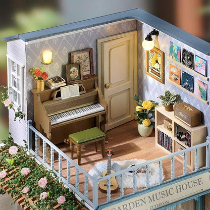 TuKIIE DIY Miniature House Kit with Furniture, 1:24 Scale Creative Room Wooden Mini Dollhouse Plus Dust Proof & Music Movement for Kids Teens Adults(Symphony of Bliss)