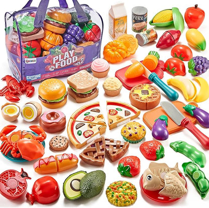 Pretend Play Food for Kids Kitchen - 78Pc Cutting Toy with Storage Bag, Toys Veggies, Fruits, Fake Pizza Toy, Food, Accessories, Boys Girls Gift, 9.5 x 7 x 6 in (ZY-78)