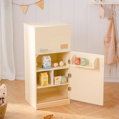 ROBOTIME Play Kitchen Toy Fridge - Wooden Toy Refrigerator with Accessories, Pretend Play Kitchen Set for Kids & Toddlers, Freezer with Play Food for Ages 3+ (Creamy Rustic Style)