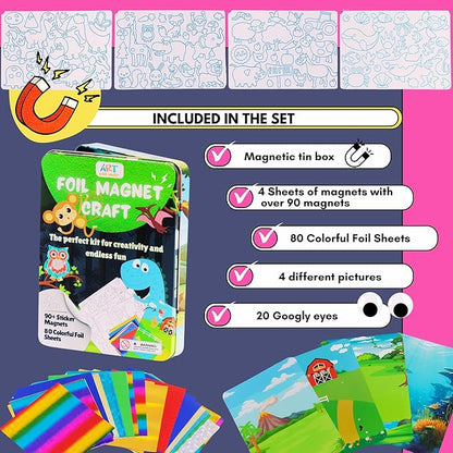 Foil Fun Art Kit for Kids - Reusable Animal Foil Art for Girls & Boys, DIY Mess-Free Girls Craft Kit w/Magnets, Ideal Travel Toy & in Car Activities for Kids Ages 4 5 6 7 8 9 10 11 12