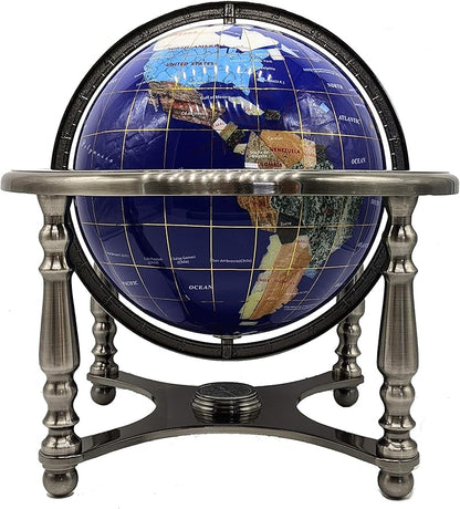Limited Edition! Unique Art Since 1996 Blue Ocean Table Top Gemstone World Globe with 4-Legs Silver Zinc Alloy Stand (220MM/9 INCHES 4 LEG/BLUE OCEAN)