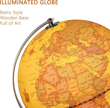 Illuminated World Globe for Adults & Kids with Wooden Stand,Built in LED Lamp for Illuminated Night View Antique Globe for Home Décor and Office Desktop 8inch