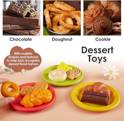 Buyger Play Kitchen Accessories, Play Dishes Plates and Utensils Tea Party Set Food Dessert Toys Gifts for Ages 3 4 5+ Years Old Kids Toddler Children