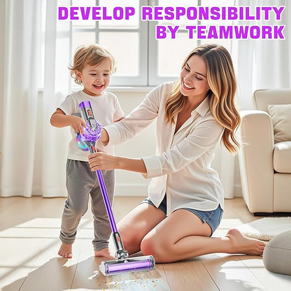 4-in-1 Toy Kids Vacuum That Works with Suction, Electric Toy Toddler Vacuum Cleaner for Children Ages 3 4 5 6+ Boys & Girls,Toddlers Toys Cleaning Set for Pretend Play (Purple)