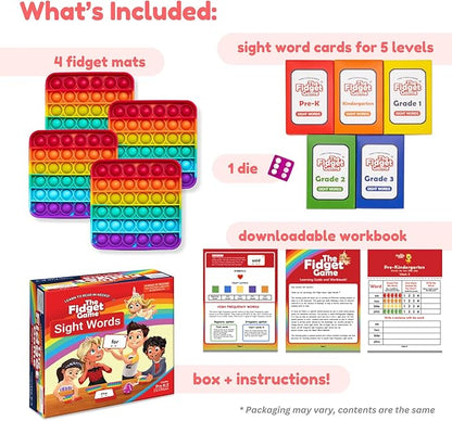 THE FIDGET GAME Sight Words - Reading Flashcards and Pop Fidget Toys for Kids Pre-K to Third Grade - Learning Activities and Games for High-Frequency Dolch Sight Words - Includes Mats and Dice