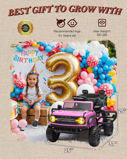 12V Electric Ride on Toys for Toddler, Ford Bronco Raptor Kids Ride on Car with Remote Control, 12 Volt Battery Powered Cars for Children with Smooth Start, Bluetooth (12V, Pink)