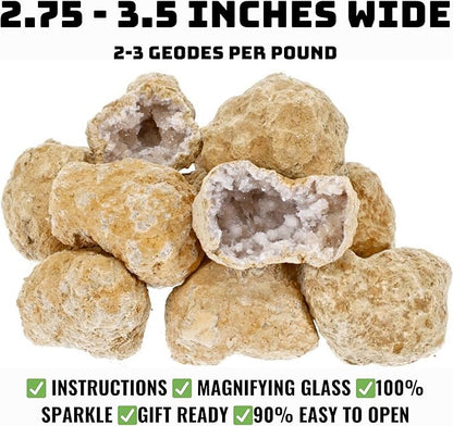 Break Your Own Geode Kit – 10 Natural Geodes 2.75 to 3.5 Inch Crack-Open Experience + Easy to Open + Tools + Geologist Guide – Less Effort for Easy Reveal – STEM Activity + Collectable Gems - Large