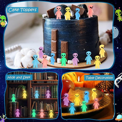 40 Pcs Glow in The Dark Mini Alien Figures Set with Card and Gift Bag for Space Birthday Party Favors Halloween Little Small Tiny Alien Figurines Statue for Hide and Seek (Colorful)