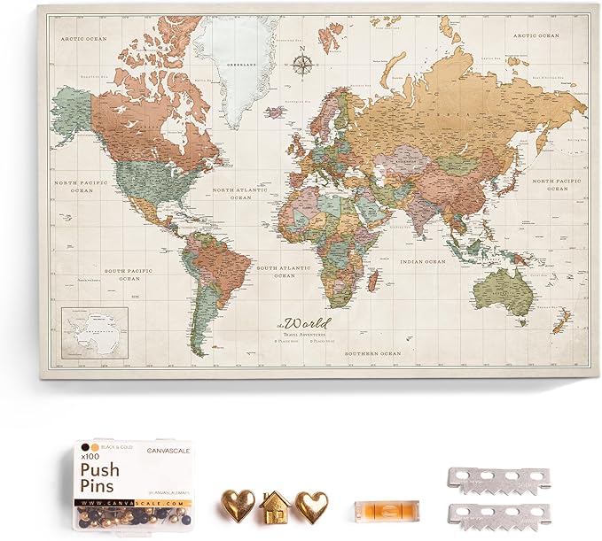 Canvas World Map with Cork Pin Board - English Lettering - Decorative Wall Decoration for All Rooms - Canvas Pictures with World Map Motif (70x50 cm, Pattern 22)