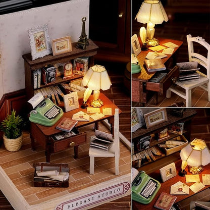 TuKIIE DIY Miniature Dollhouse Kit with Furniture, 1:24 Scale Creative Room Mini Wooden Doll House Plus Dust Proof for Kids Teens Adults(Elegant Studio)