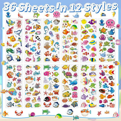 36 Sheets Underwater Stickers for Kids - 900+ 3D Puffy Sea Animal Stickers | Fish, Dolphin, Shark, Octopus, Turtle | Reusable, Waterproof | Crafts, Scrapbooking, Party Favors