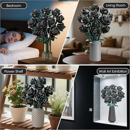 Black Rose Building Blocks Set for Kids, 634PCS Flower Bouquet Brick Toy, Romantic Gift for Girls, Women, Valentine's Day, Birthday, Mother's Day, Halloween, DIY Artificial Plant for Home Decor