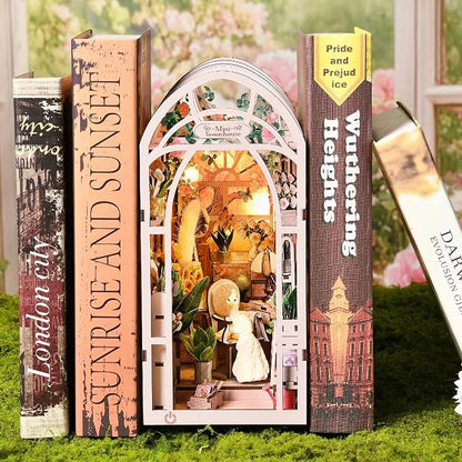 DIY Book Nook Kit, Miniature Bookshelf Decor with LED Lights, Laser-Cut Wooden Craft Set for Adults, Creative Gift for Christmas, Birthday, Greenhouse Flower Room