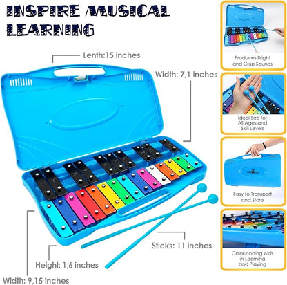 MINIARTIS Glockenspiel Xylophone | 25 Note Colorful Metal Keys Xylophone for Kids | Percussion Musical Instrument | Educational Music Toy Includes Music Songbook, Mallets and Blue Carry Case