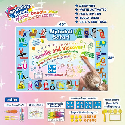 ANIMOLDS Water Doodle Mat - 40x32 Inch Aqua Magic Drawing Board for Kids (Alphabet Safari)