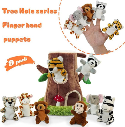9 Pcs Finger Puppets Set Mini Toys, Soft Plush Jungle Animal Finger Puppet for Kids Mini Stuffed Animals with Tree Hole House,Finger Puppets for Toddlers Role-Playing Storytelling Christmas School