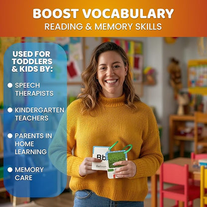 QUOKKA 225 Flash Cards for Toddlers 1-3 – Alphabet & First Words Flashcards with Rings – Toddler Educational Toys for Learning – Fun Big Size Letter Flashcards for Toddlers 3-5 Years