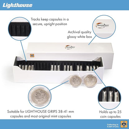 LIGHTHOUSE - Storage Box with Tracks for 25 Round Coin Capsules Grips 38-41 mm with INTERCEPT Technology Corrosion Protection (11 1/2" x 2 3/4" x 2 1/2")