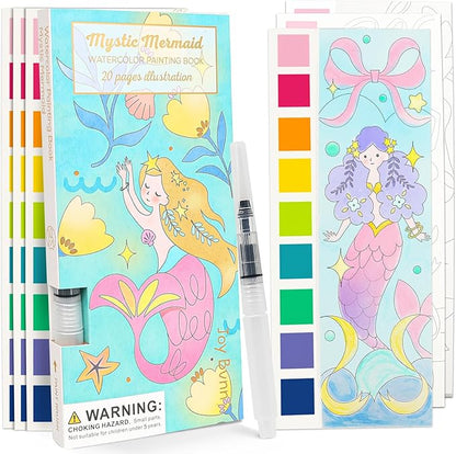 ROOCHKD Watercolor Painting Coloring Books Pocket Watercolor Paint Bookmarks, Mess Free Paint with Water Set, Travel Class Activities Art Party Favors Exchange Birthday Gifts for Kids (Mystic meraid)