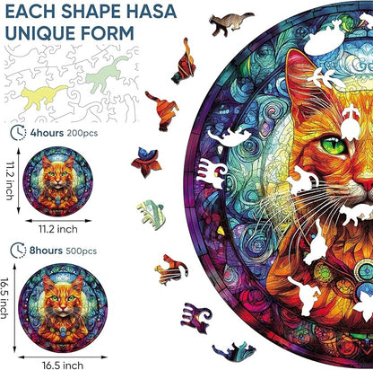 Wooden Puzzles for Adults, Yellow Cat Jigsaw Puzzles 200 Pieces, Unique Shaped Animal Wood Adult Puzzle, Best Gifts for Adults Family Games (11.2 * 11.2 inches)