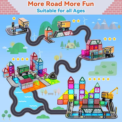 Theefun 70pcs Magnetic Tiles Road Set with Crane & 2 Cars Magnetic Blocks Double Side City STEM Construction Toy Gifts for Kids 3+ Years Old, Include 56 Magnetic Blocks, 13 Magnet Toppers, 1 Bag