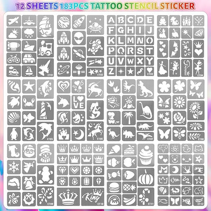 Temporary Tattoo Markers for Skin, 12 Metallic Body Markers + 183 Temporary Tattoo Stencils for Kids Adults, Flexible Brush Tip, Bright Colors, Cosmetic Tattoos Pens for Kids Adults, DIY Body Art Set
