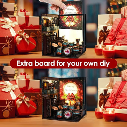 DIY Book Nook Kit, Miniature Bookshelf Decor with LED Lights, Laser-Cut Wooden Craft Set for Adults, Creative Gift for Christmas, Birthday, Music House