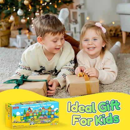 Oriate City Road Set Magnetic Tiles, Rolling Rescue Toy Cars with Construction Building Magnetic Blocks, Educational Road Traffic City Life Magnet Tiles, STEM Toys Gifts for Preschool Kids