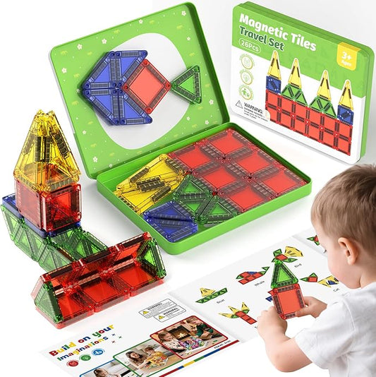 Magnetic Puzzle Travel Building Set, 26-Piece Mini Magnetic Blocks with Storage Tin Box, Preschool Learning Sensory Montessori Toy, Ideal Puzzle Birthday Gift for Boys and Girls Aged 3+