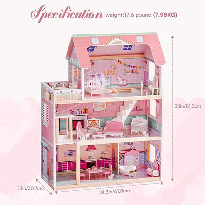 ROBOTIME Wooden Dollhouse, Doll Houses Playset with 24 Pcs Furniture for 4, 5, 6-Inch Dolls, Dollhouse Gift for 3+ Year Old Girls (Pink)