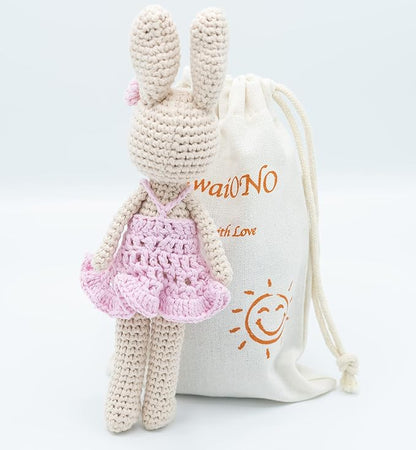Crochet Stuffed Animal - Adorable Handmade Bunny Daughter Plushie Doll with Pink Dress, Ideal for Infants - Knitted Stuffed Animal Crocheted Stuffed Animals for Newborns