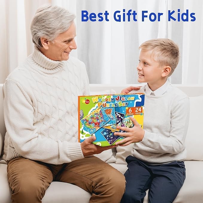 Christmas Wooden Puzzles for Toddlers 3-5,6 Packs 24Pcs Jigsaw Wooden Solar System Puzzles for Ages 4-8,Preschool Educational Brain Toys Gifts for Boys and Girls 2 4 3 5 Year Old（World Map）