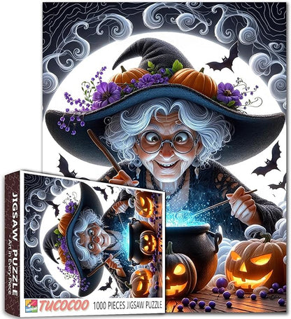 Mystical Grandma Witch Stirring 1000 Piece Jigsaw Puzzle for Adults Students 20×27 Inches Halloween Night Pumpkins Bats Magical Blue Spell Autumn Puzzles for Fall Decor and Gift for Puzzle Lovers