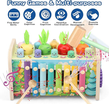10 in 1 Montessori Toys for Toddlers, Wooden Hammering Pounding Toy with Whack A Mole Game, Xylophone, Fishing and Fruit Recognition Baby Brithday for Toddlers