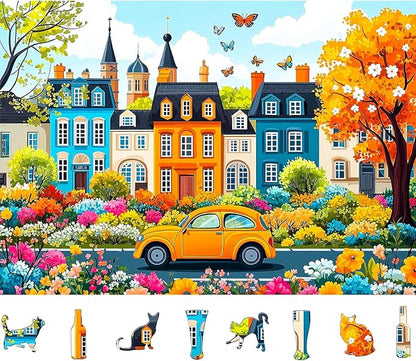 Colorful City Street Jigsaw Puzzles for Adults 500 Pieces Spring Vintage Car and Flower Garden Scene Puzzle Family Challenging Funny Puzzle Perfect for Game Nights(21"x15")