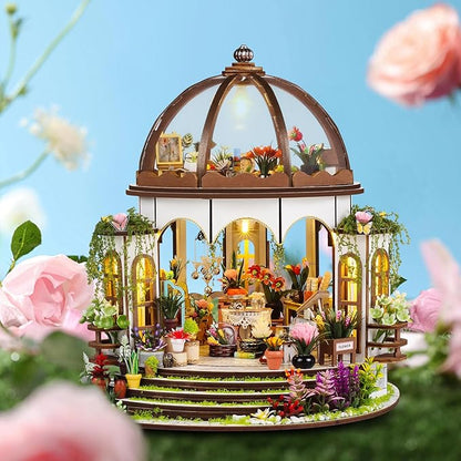 DIY Miniature Garden Dollhouse Kit - 1:24 Scale Wooden Flower Greenhouse Room Craft with Furniture for Book Nook Decor - Present for Women, Girls, and Boy (Round Garden)