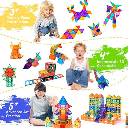 Magnetic Tiles - 104 Pieces Magnetic Blocks for Kids, Magnet Tiles Building Blocks Set with 2 Cars, Construction STEM Toys Gift for Kids Boys 3 4 5 6 7 8 9+ Year Old