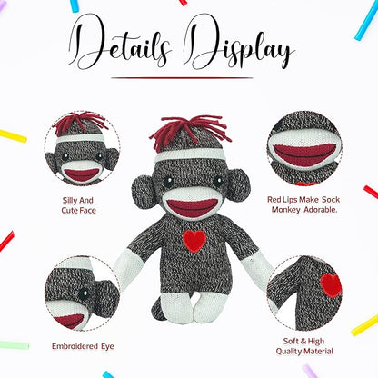 Adorable Sock Monkey 6 Inches, The Original Traditional Hand Knitted Stuffed Animal Toy Gift-for Kids, Babies, Teens, Girls and Boys Baby Doll Present Puppet (Brown)