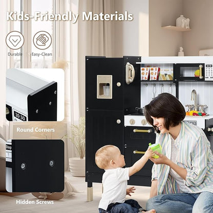 Kinder King Wooden Kids Play Kitchen, Kitchen Playset for Toddler Kid, Play Kitchen Toy Set w/Real Sounds, Pretend Microwave Oven, Ice Maker, Telephone, Gift for Boys Girls Age 3+,Black