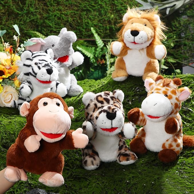Lenwen 6 Pcs Operation Christmas Items Bulk Animal Hand Puppets with Working Mouth 10 Inches Plush Puppets for Toddler Kid Storytelling Imaginative Role Play Show Party Gifts(Forest Animal)