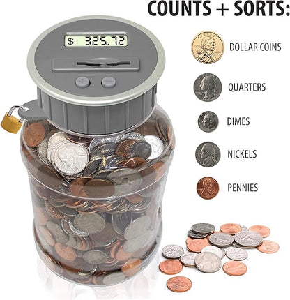 Locking Digital Coin Bank Savings Jar - Pennies Nickles Dimes Quarter Half Dollar Change Counter | Clear Jar with LCD Display