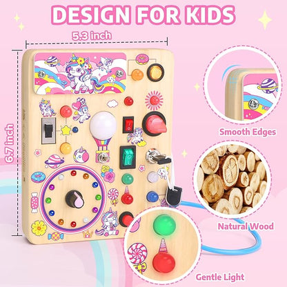 Toddler Busy Board,Montessori Toys for 1-3 Years Old,Baby Sensory Board,Wooden Learning Toys,Christmas & Birthday Gift for Boys & Girls (Unicorn Busy Board v2)