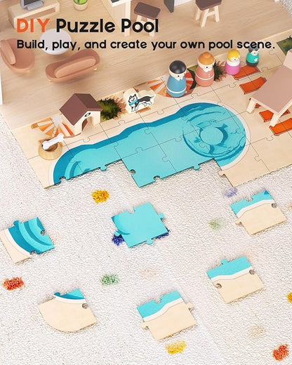BIERUM Wooden Dollhouse, Large Modern Doll House with 49Pcs Furniture Accessories, Dolls & Pets, DIY Puzzle Pool Yard, Wood Dollhouse Toy for Toddlers 3+, Ideal Gift for Boys and Girls (Black)
